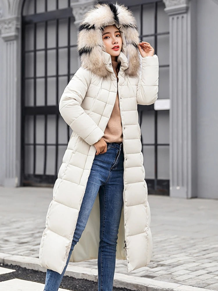 Long, warm winter fur coat for women