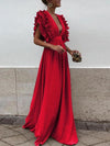 Elegant dress with V-neck and ruffled sleeves