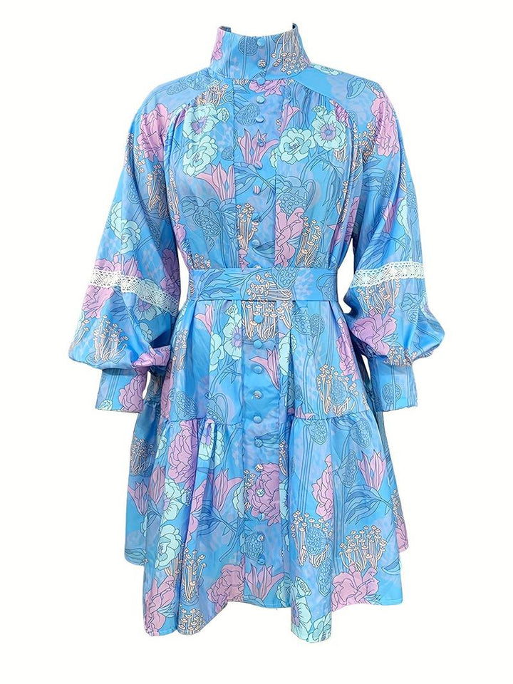 Flair dress with floral pattern and button placket