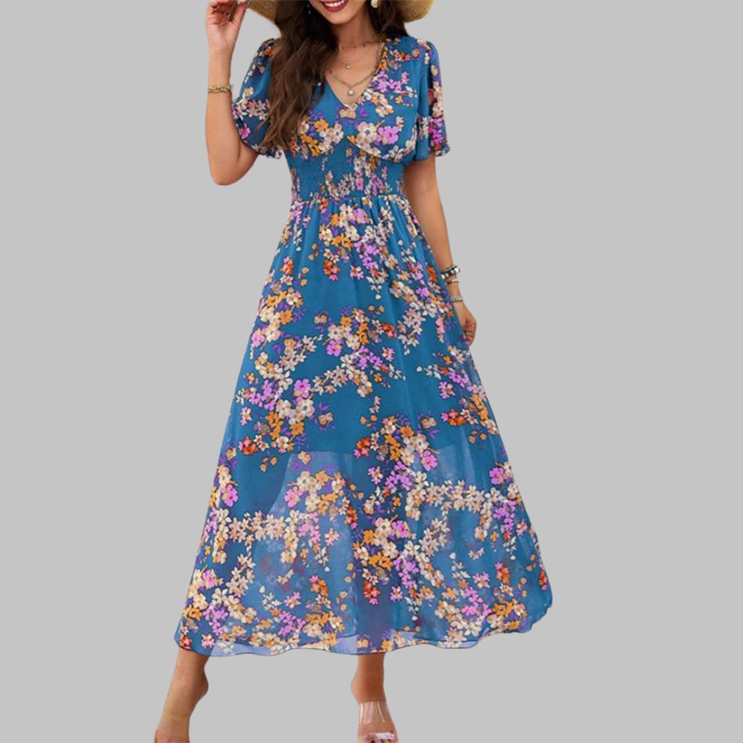 Floral V-neck midi dress with short sleeves