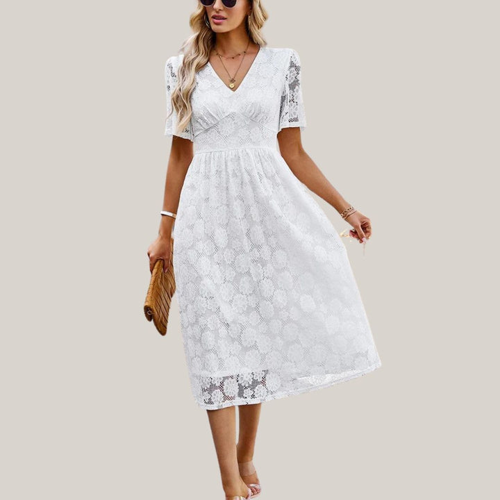 Lace midi dress with V-neckline