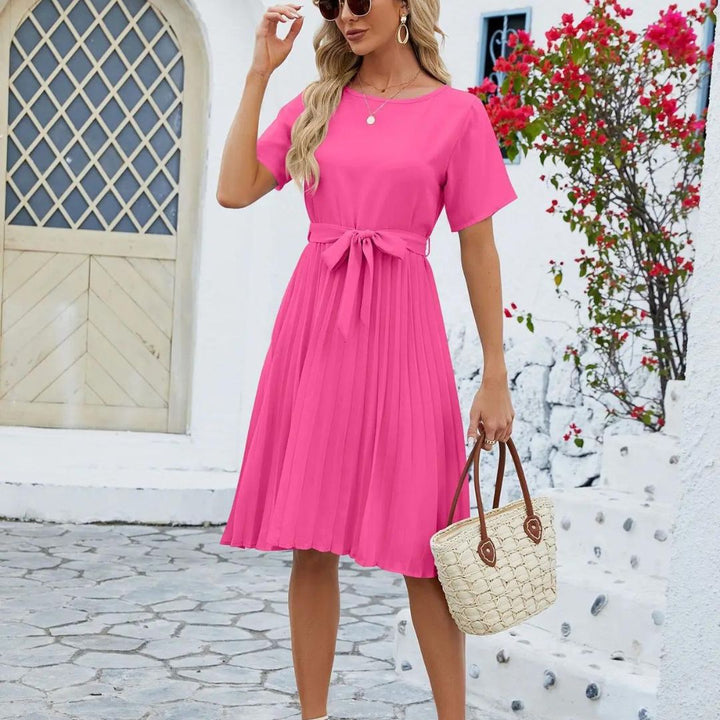 Classic pleated midi dress with waist tie