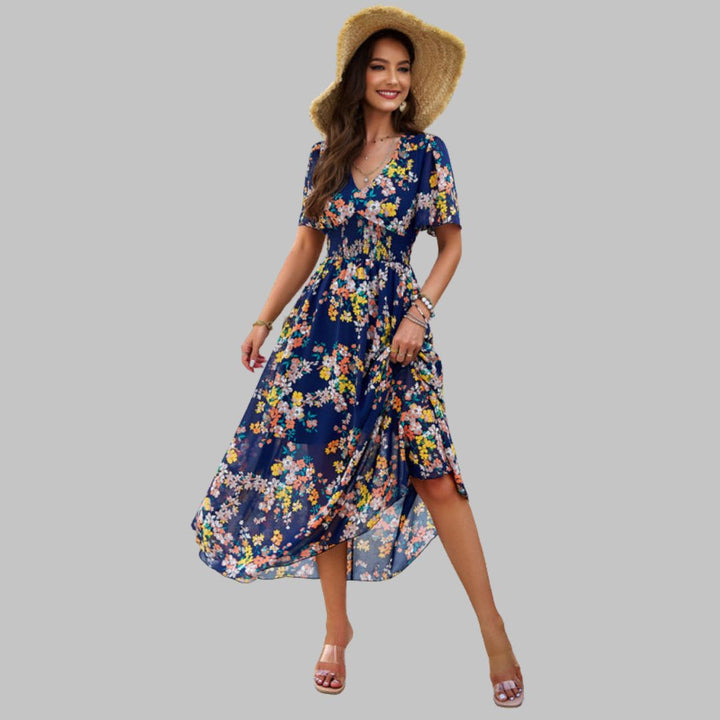 Floral V-neck midi dress with short sleeves