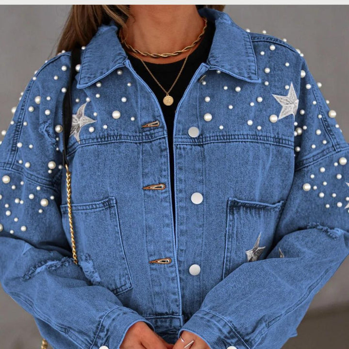 Denim jacket with pearl embellishment and star accents