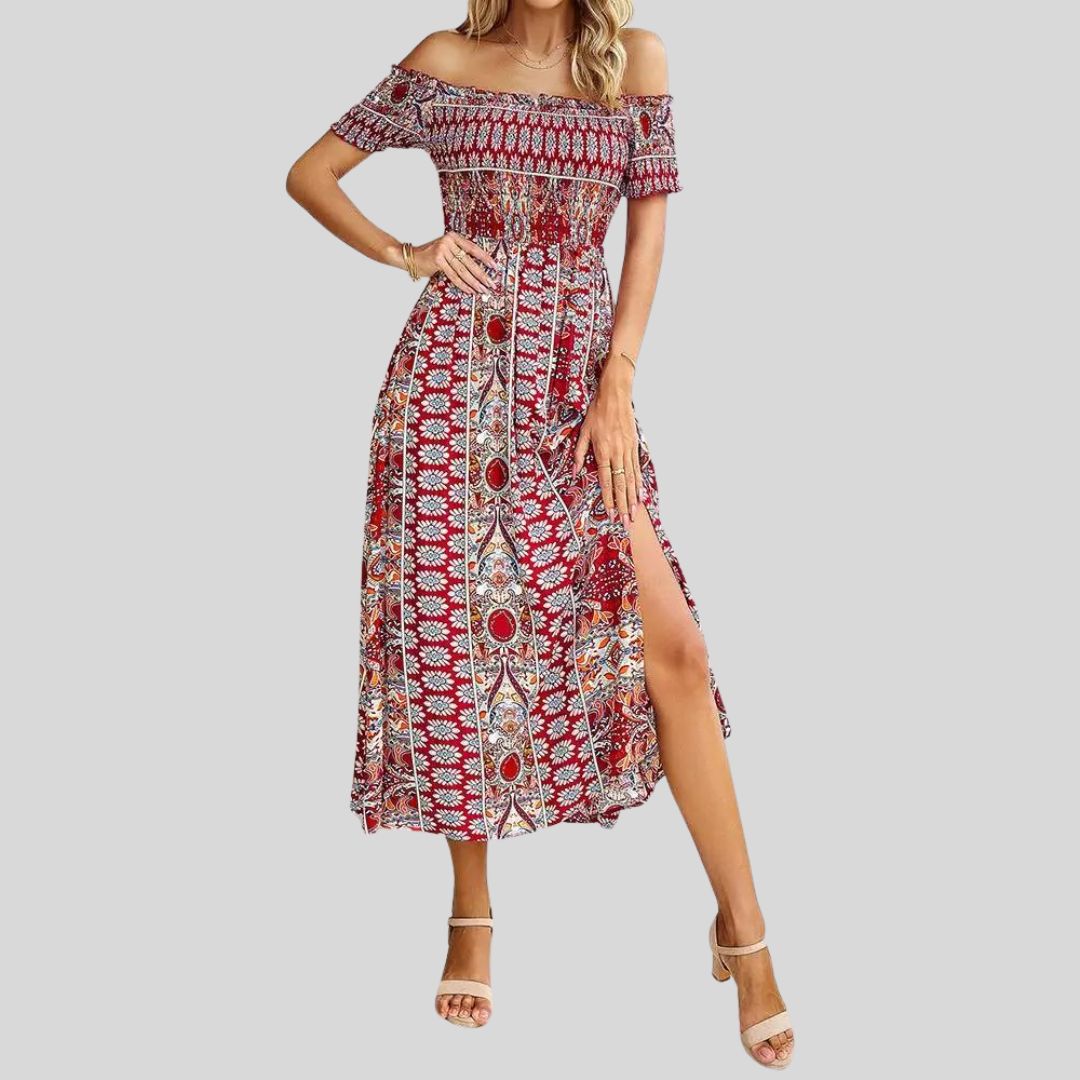 Off-the-shoulder boho maxi dress with ruffled top