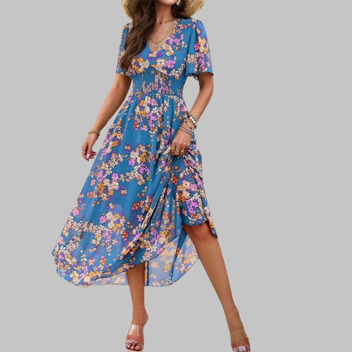 Floral V-neck midi dress with short sleeves