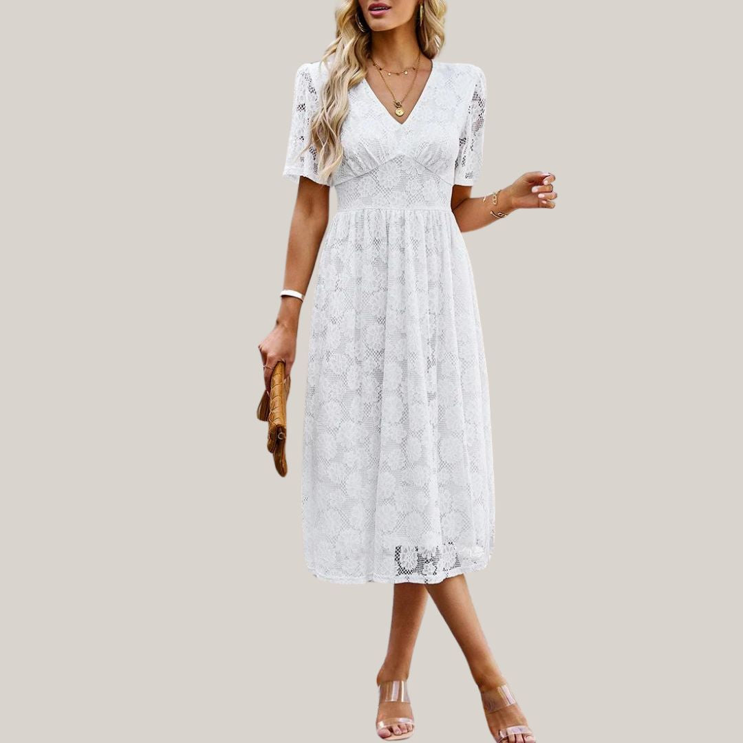 Lace midi dress with V-neckline