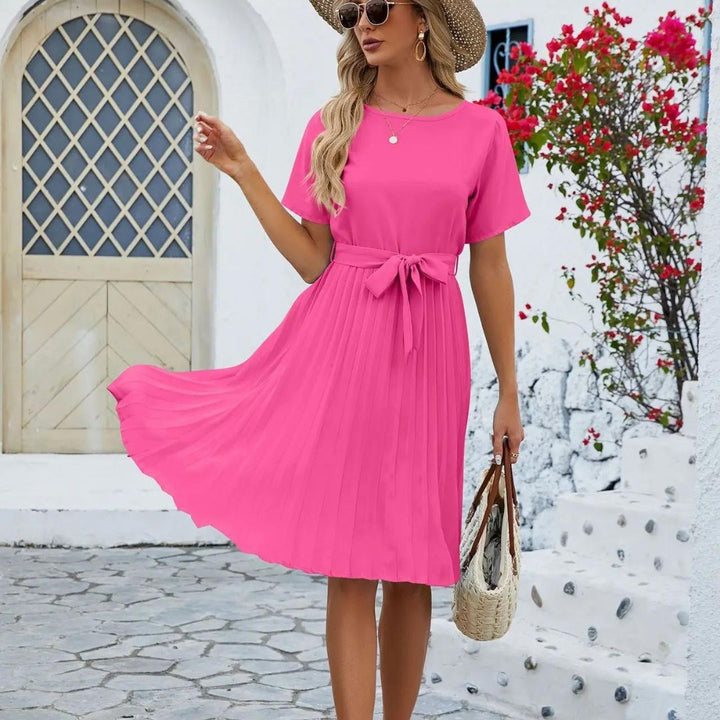 Classic pleated midi dress with waist tie