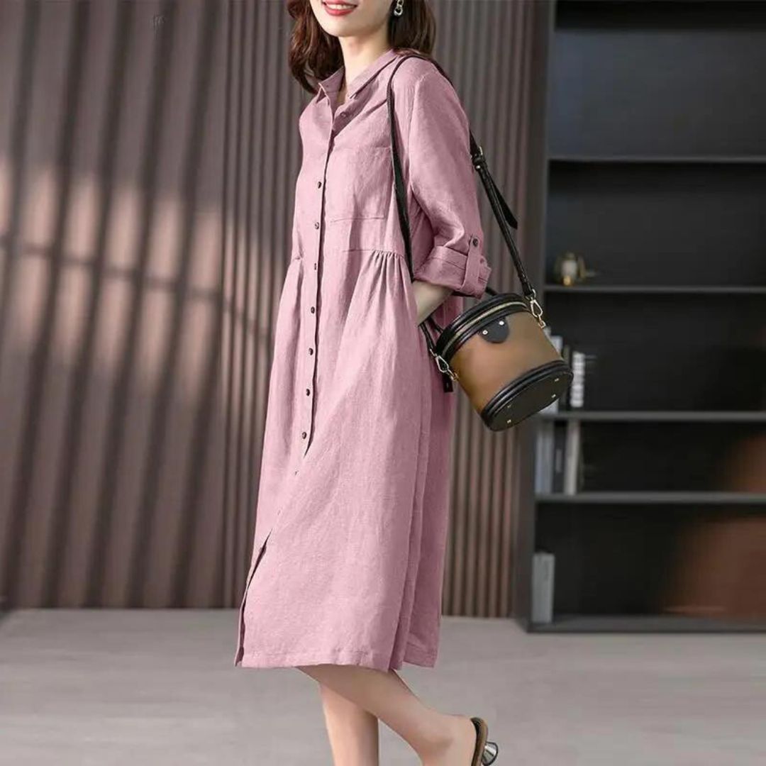 Shirt dress with button placket and breast pocket