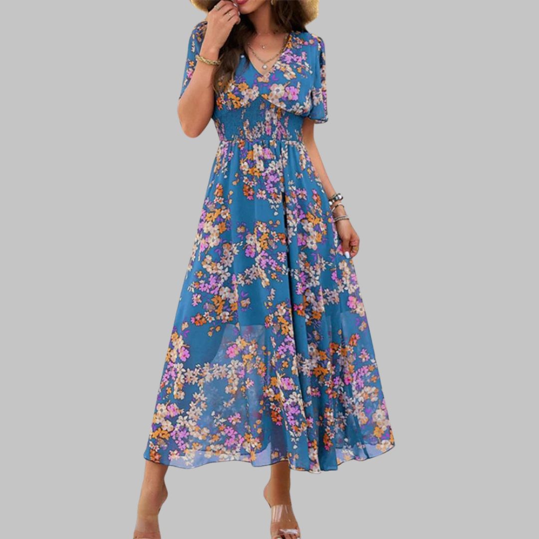 Floral V-neck midi dress with short sleeves