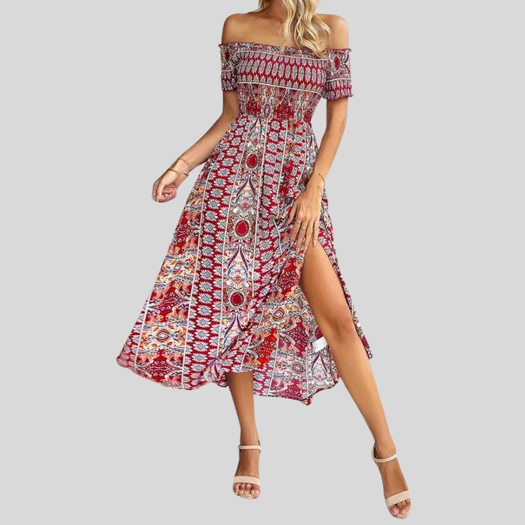 Off-the-shoulder boho maxi dress with ruffled top