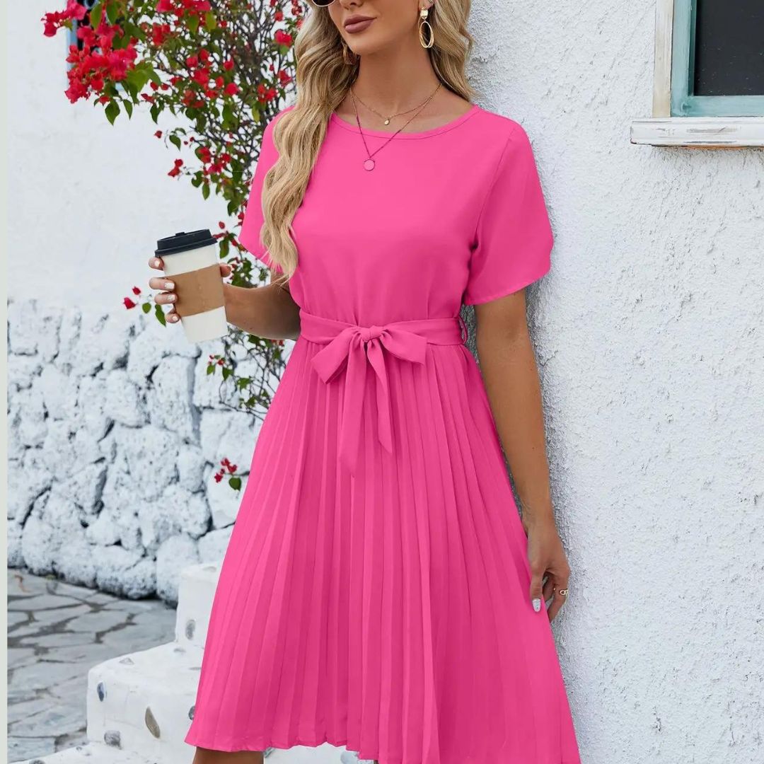 Classic pleated midi dress with waist tie