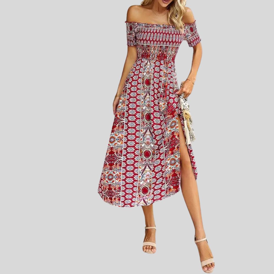 Off-the-shoulder boho maxi dress with ruffled top