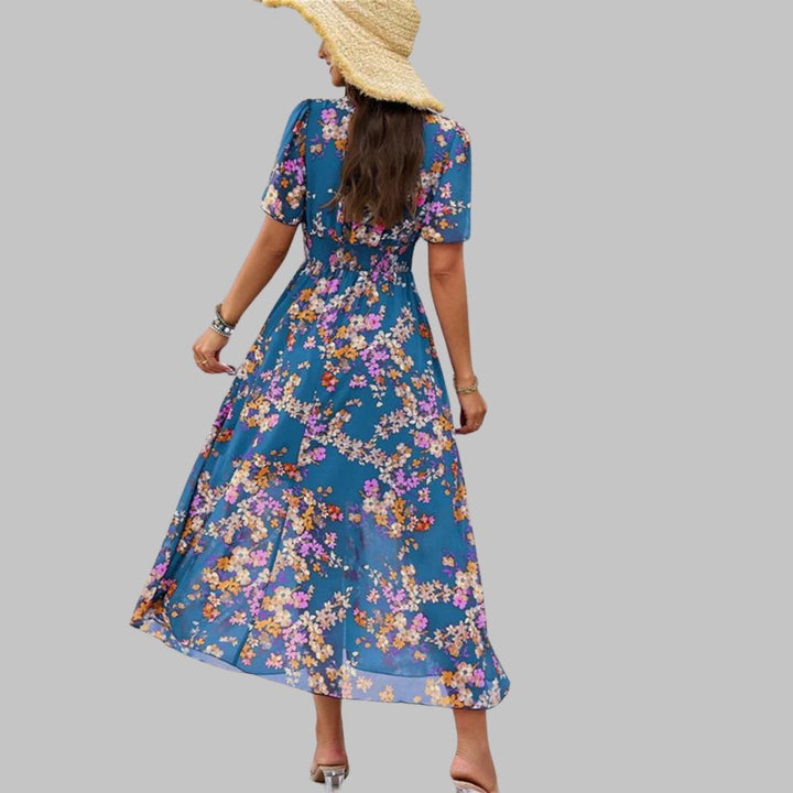 Floral V-neck midi dress with short sleeves