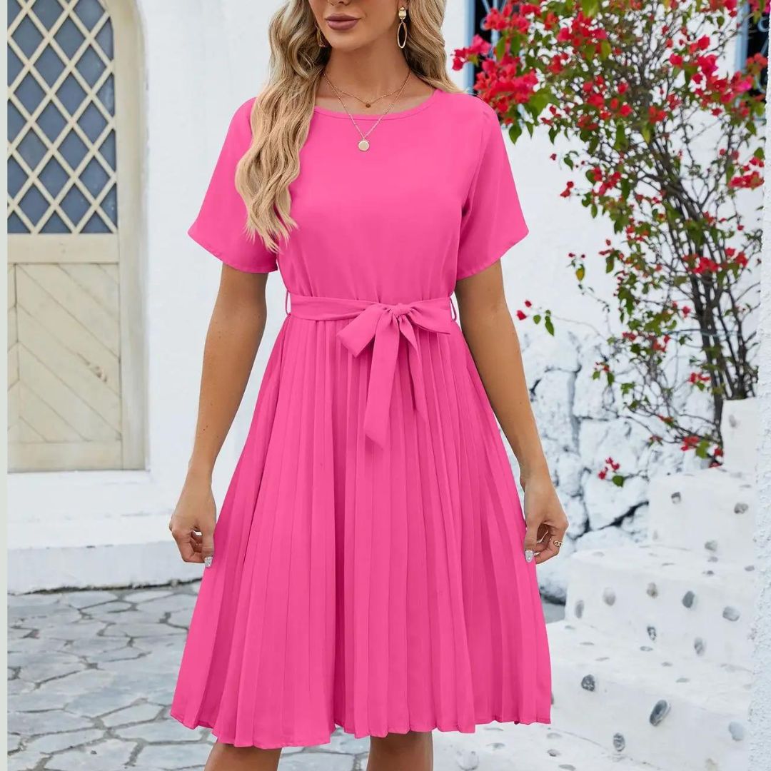 Classic pleated midi dress with waist tie