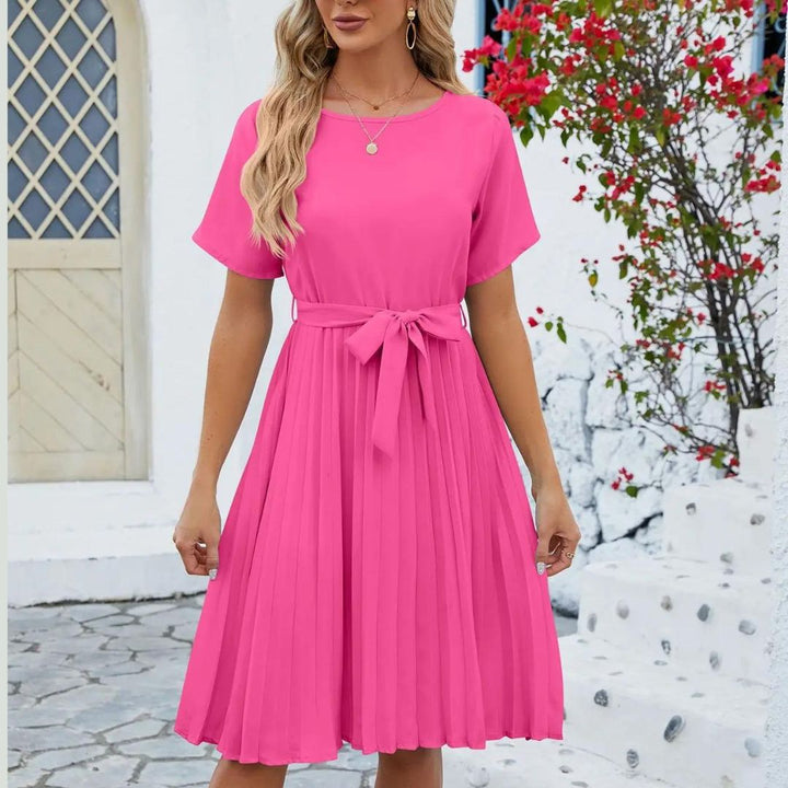 Classic pleated midi dress with waist tie