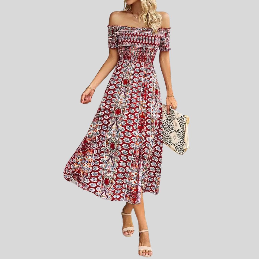 Off-the-shoulder boho maxi dress with ruffled top