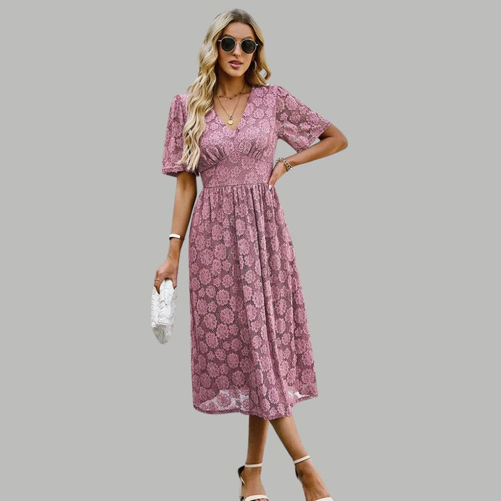 Lace midi dress with V-neckline