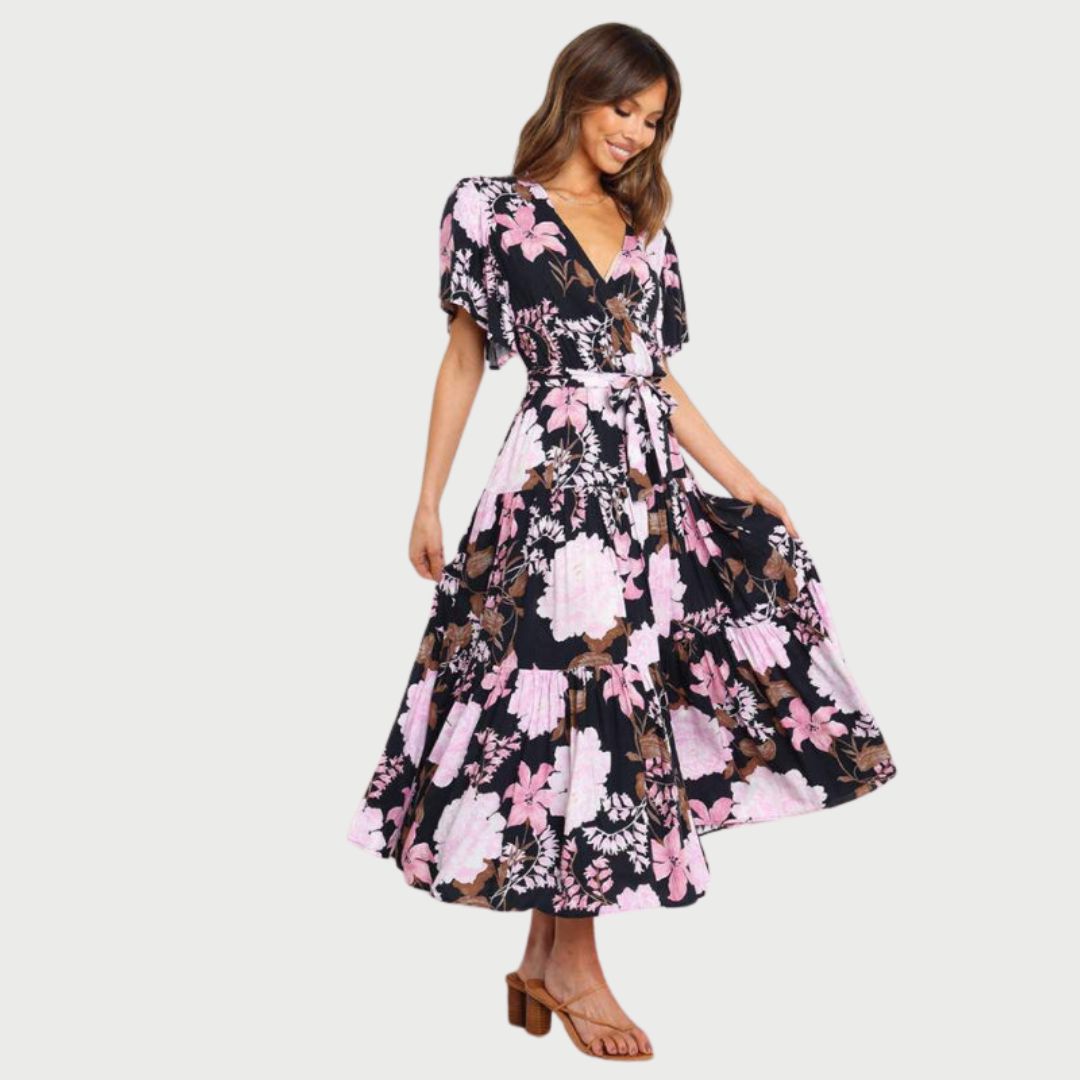 Floral wrap dress in midi length with flutter sleeves