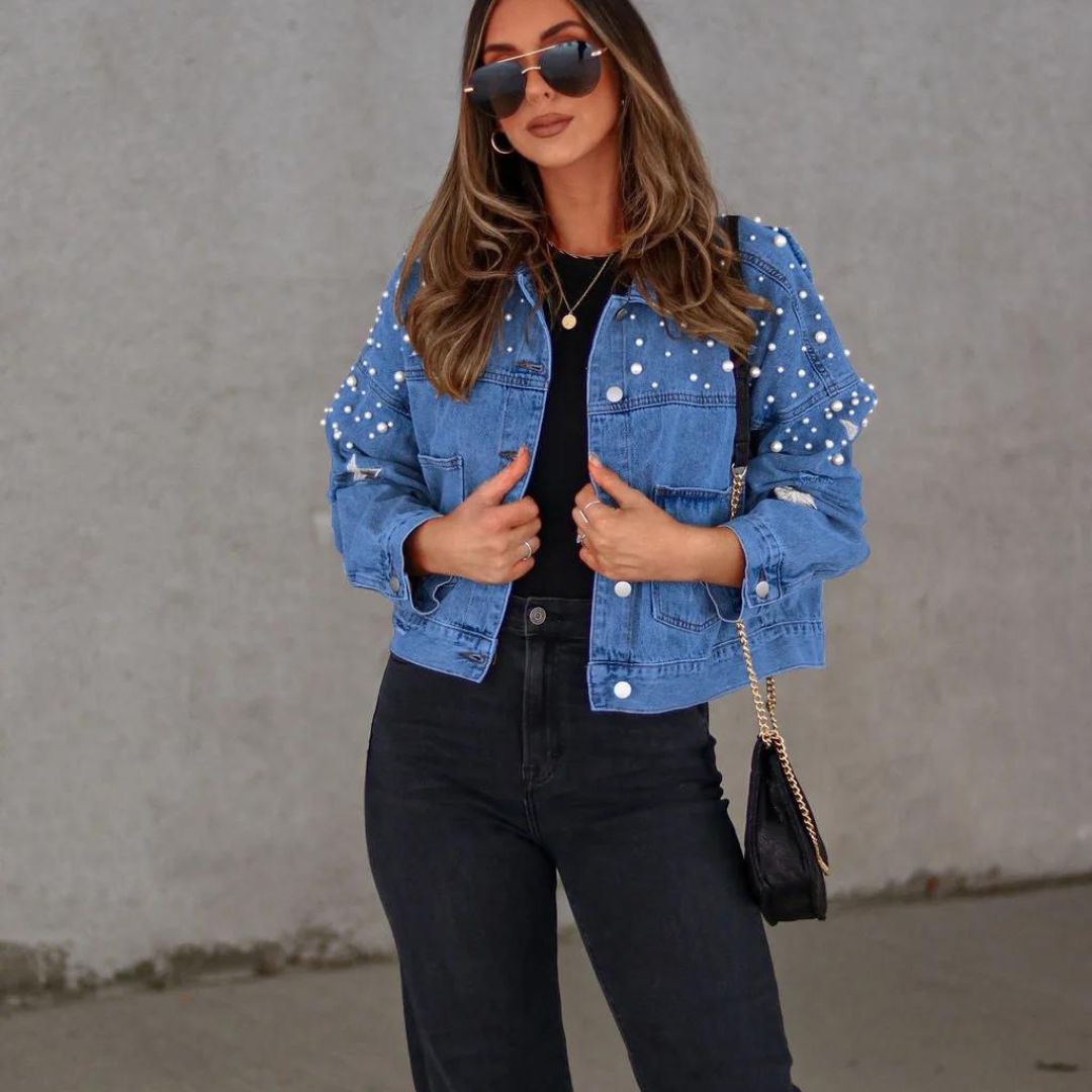 Denim jacket with pearl embellishment and star accents