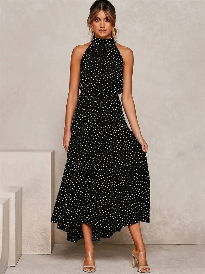 Jewelled neckline polka dot sleeveless dress