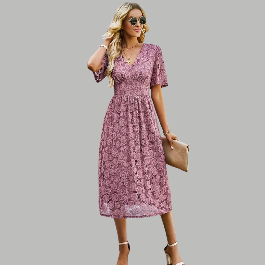 Lace midi dress with V-neckline