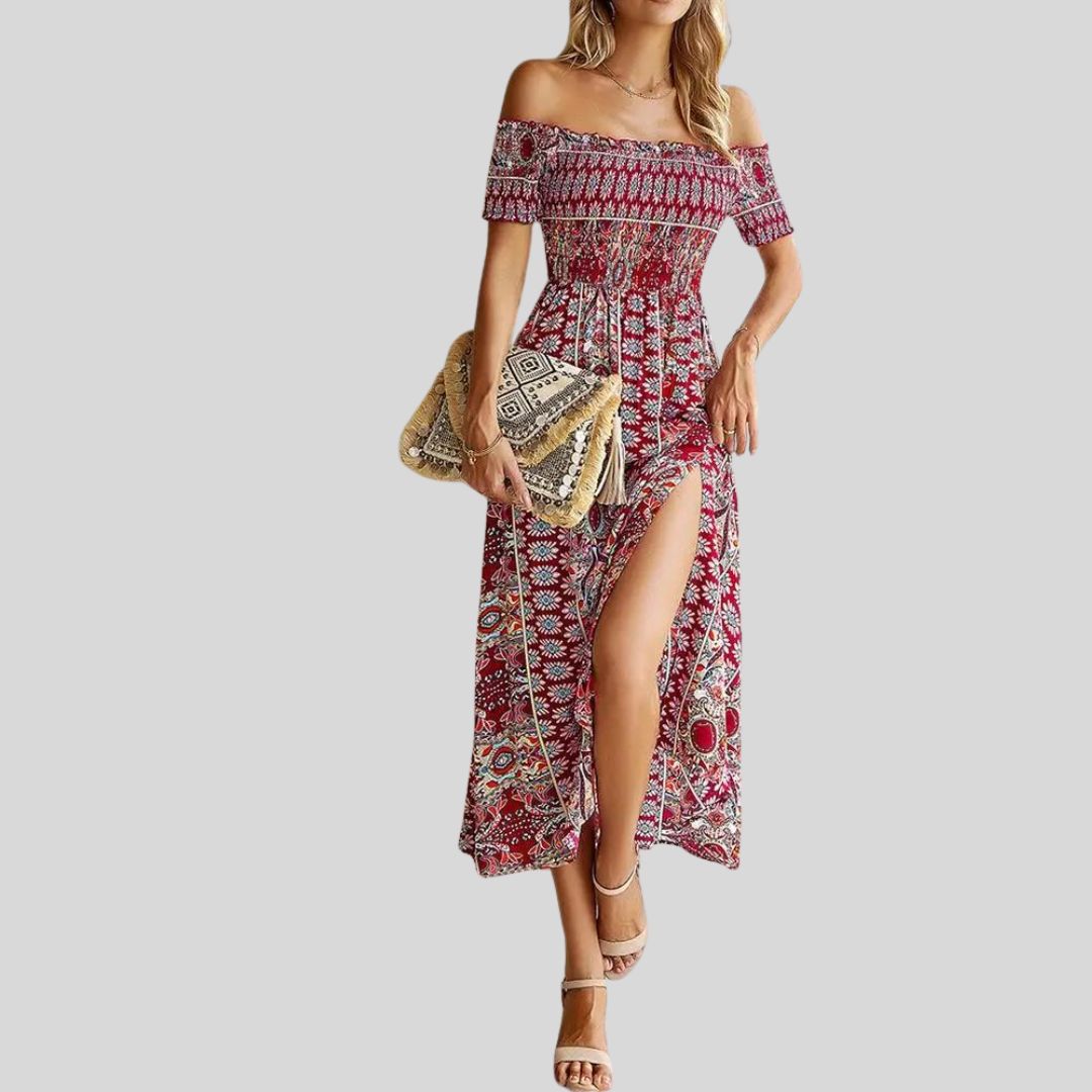 Off-the-shoulder boho maxi dress with ruffled top