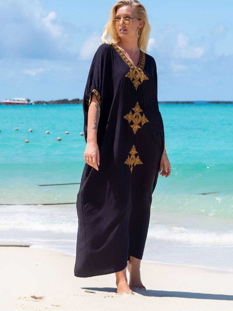 Elegant retro beach dress with V-neckline