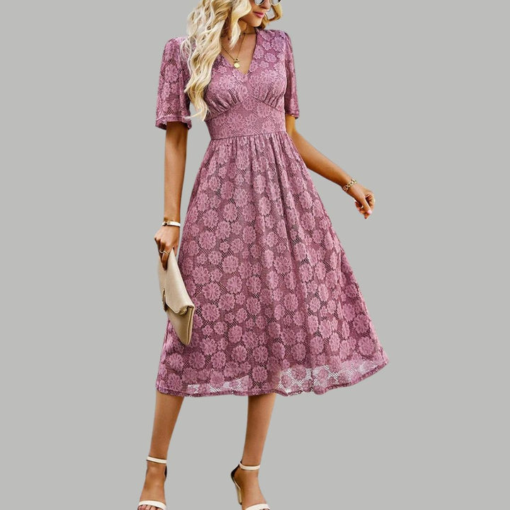 Lace midi dress with V-neckline