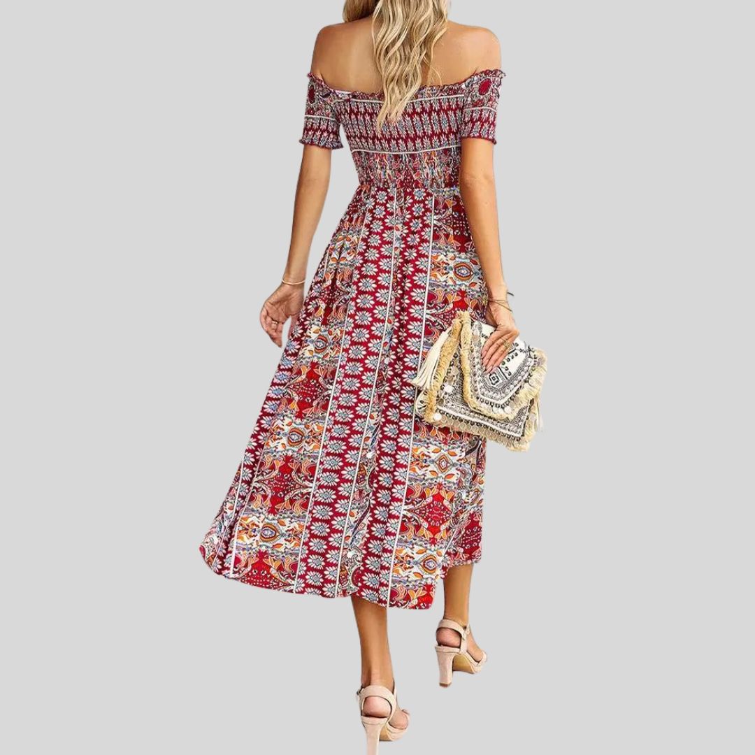 Off-the-shoulder boho maxi dress with ruffled top