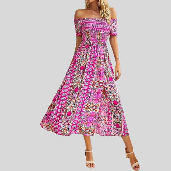 Off-the-shoulder boho maxi dress with ruffled top