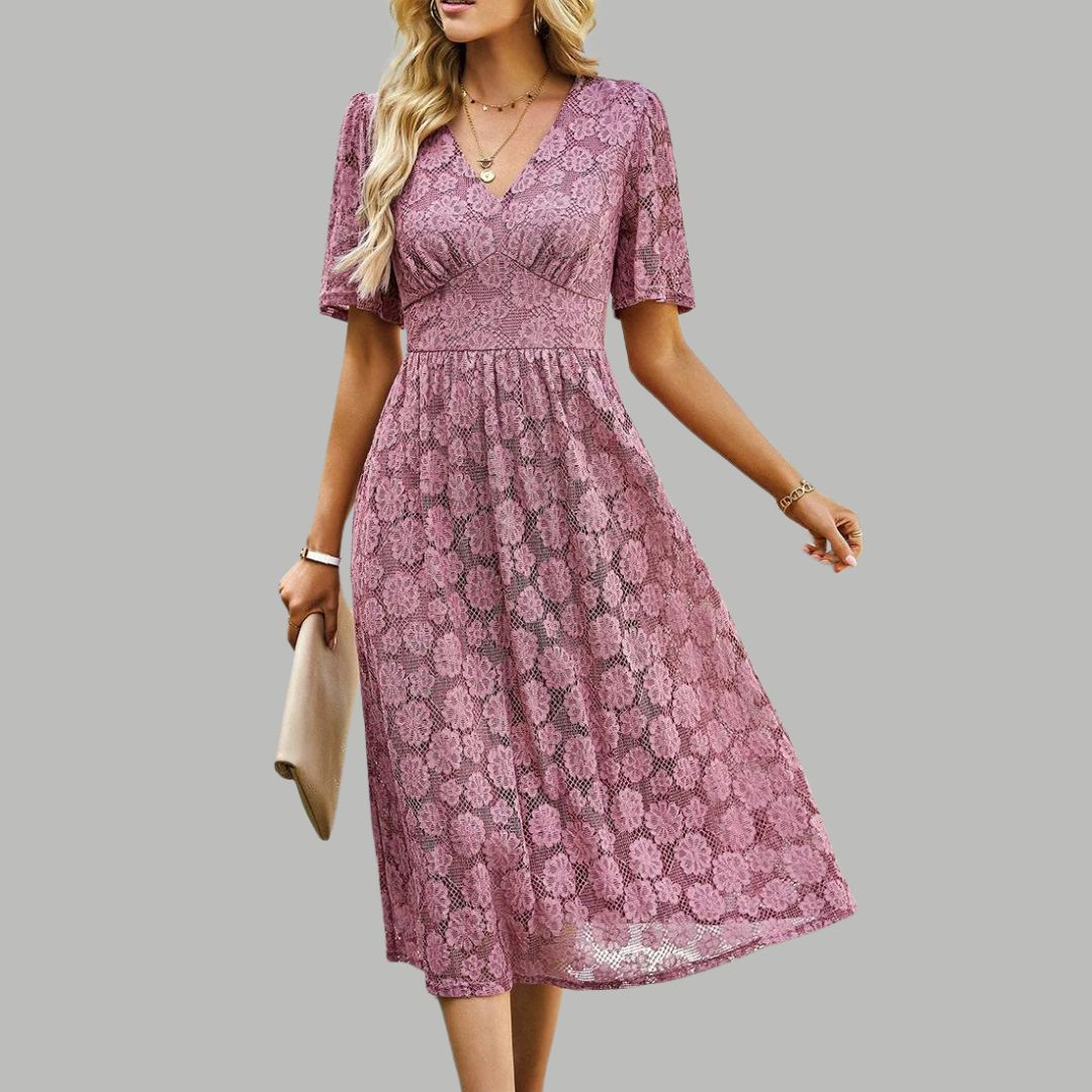 Lace midi dress with V-neckline