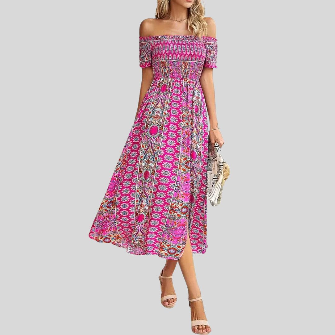 Off-the-shoulder boho maxi dress with ruffled top