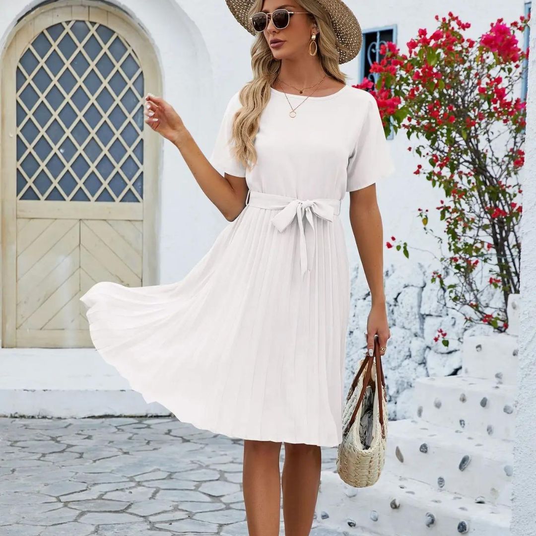 Classic pleated midi dress with waist tie