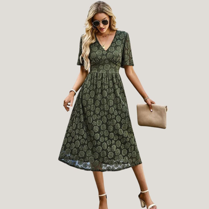 Lace midi dress with V-neckline