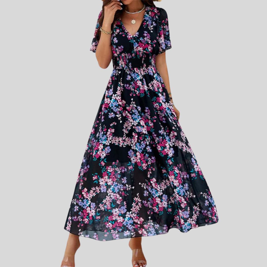 Floral V-neck midi dress with short sleeves