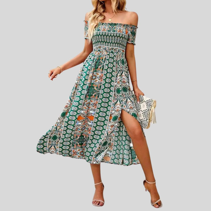 Off-the-shoulder boho maxi dress with ruffled top