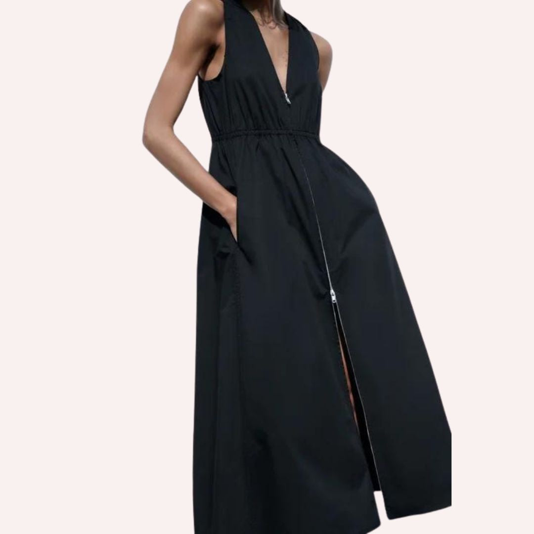 Chic V-neckline midi dress with waist cinching