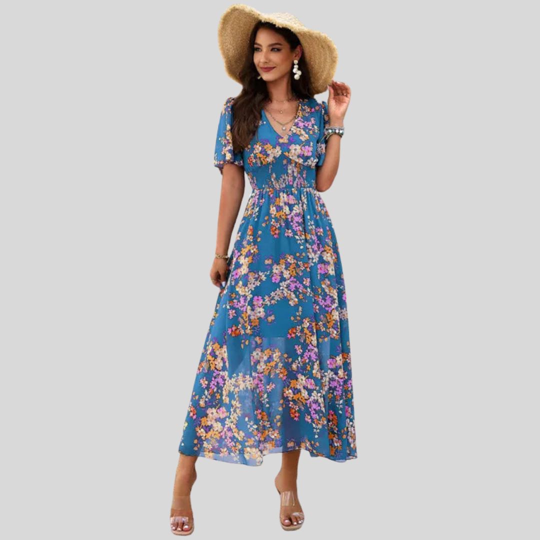 Floral V-neck midi dress with short sleeves