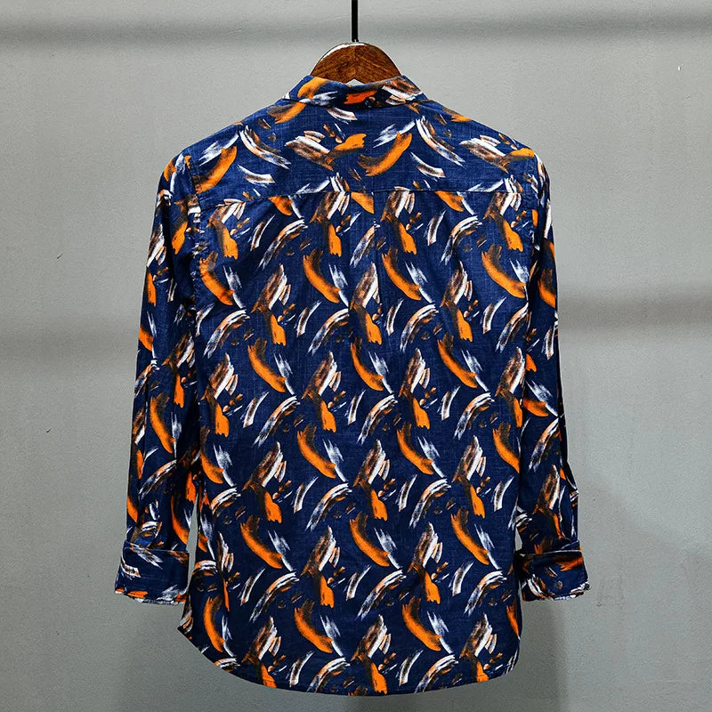 Shirt With Wrap Collar and Striking Feather Print