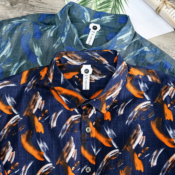 Shirt with turn-down collar and striking feather print