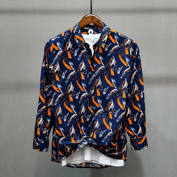 Shirt With Wrap Collar and Striking Feather Print