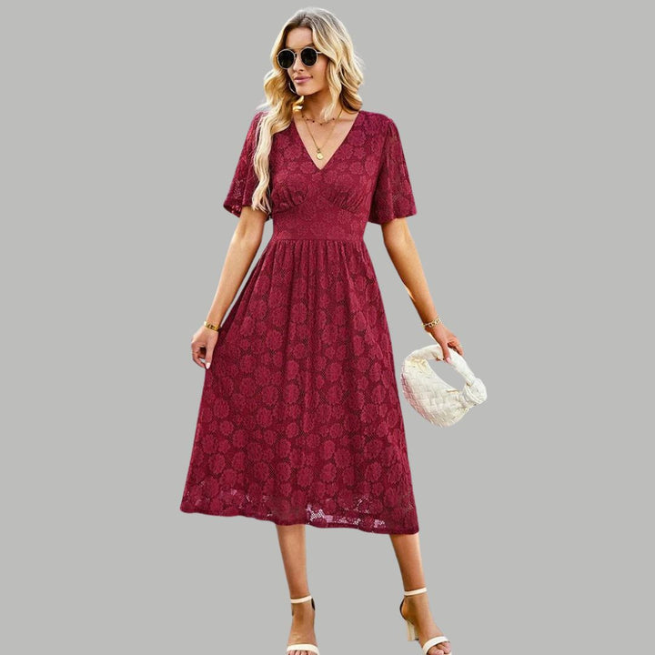 Lace midi dress with V-neckline