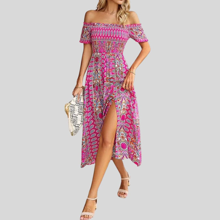 Off-the-shoulder boho maxi dress with ruffled top