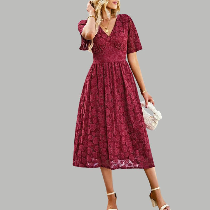 Lace midi dress with V-neckline