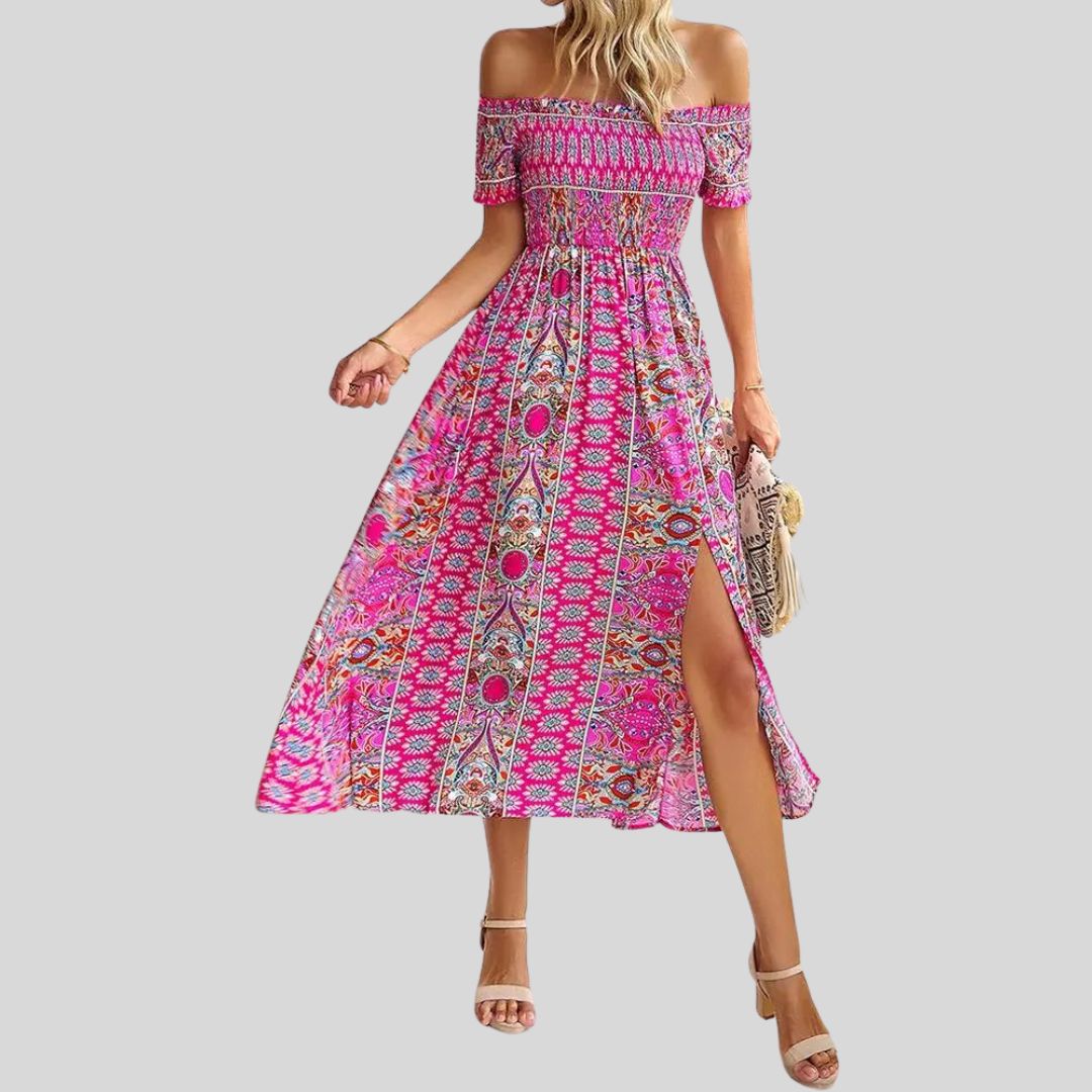 Off-the-shoulder boho maxi dress with ruffled top