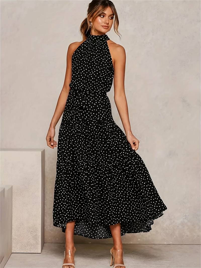 Jewelled neckline polka dot sleeveless dress