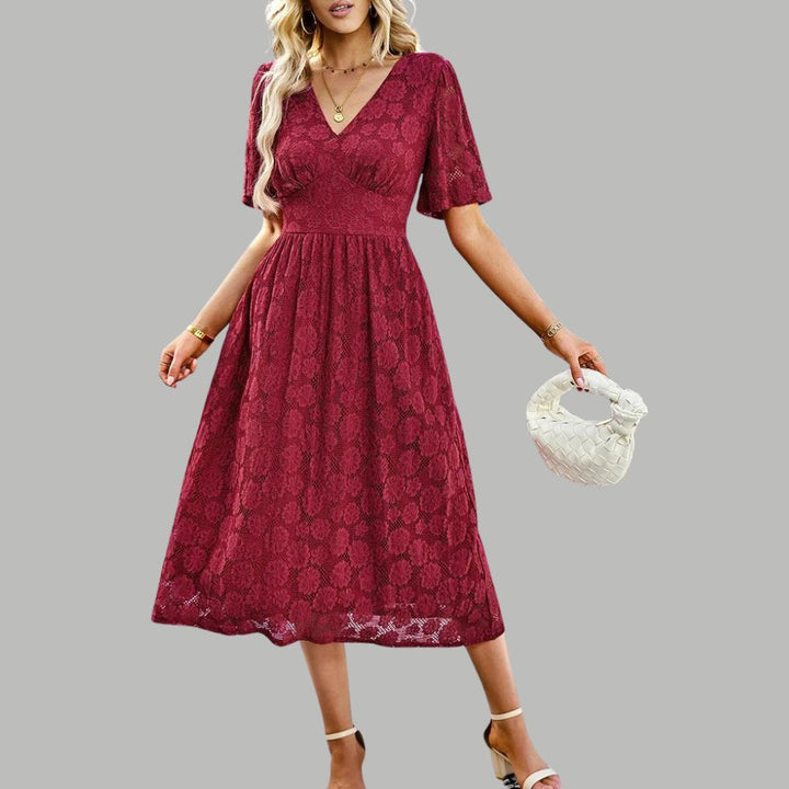 Lace midi dress with V-neckline