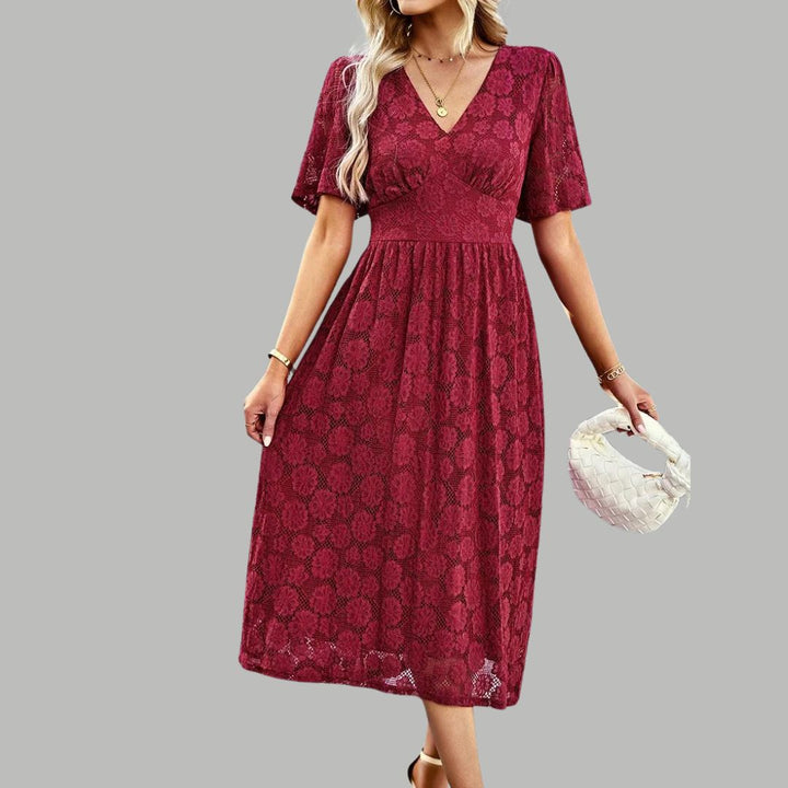 Lace midi dress with V-neckline