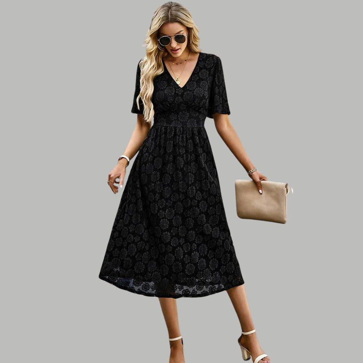 Lace midi dress with V-neckline